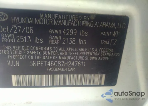 2007 Hyundai Sonata Gls from USA, damaged, VIN 5NPET46C87H247611